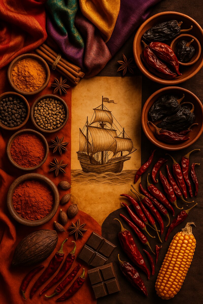 Dual market scene with Asian marketplace and Mexican marketplace connected by represented galleon ship in center