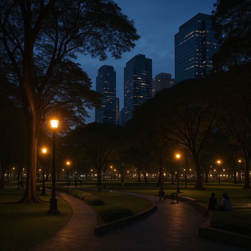 Evening atmosphere at Ayala Triangle with soft lighting and mature trees