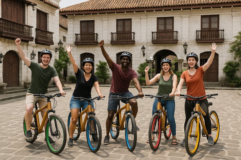 Happy group photo with bamboo bikes at Plaza San Luis