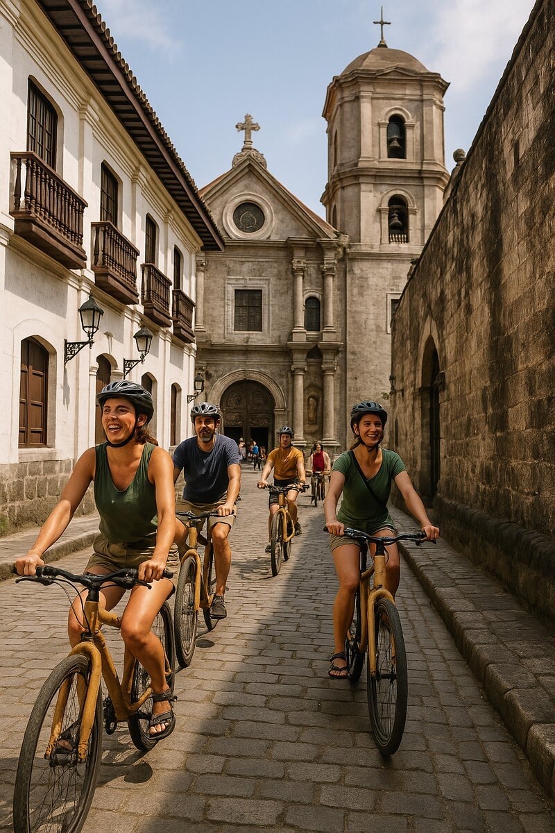 Bamboo bikers on narrow cobblestone streets of historic Intramuros