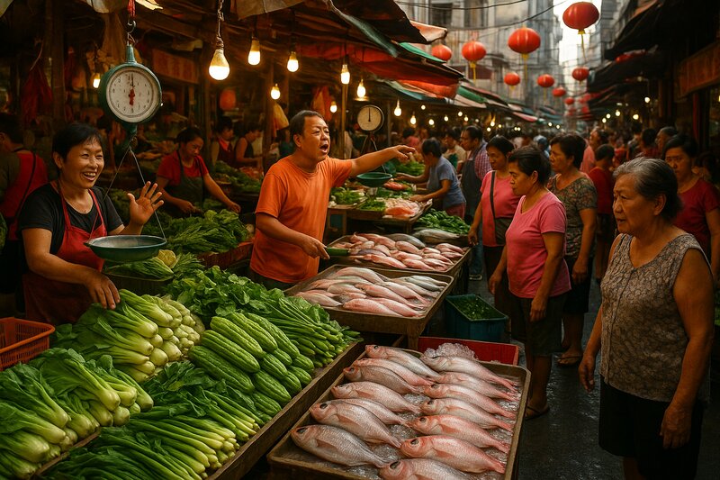 Colorful Binondo wet market scene with Chinese vegetables mixed with Filipino produce, fish stalls, traditional scales