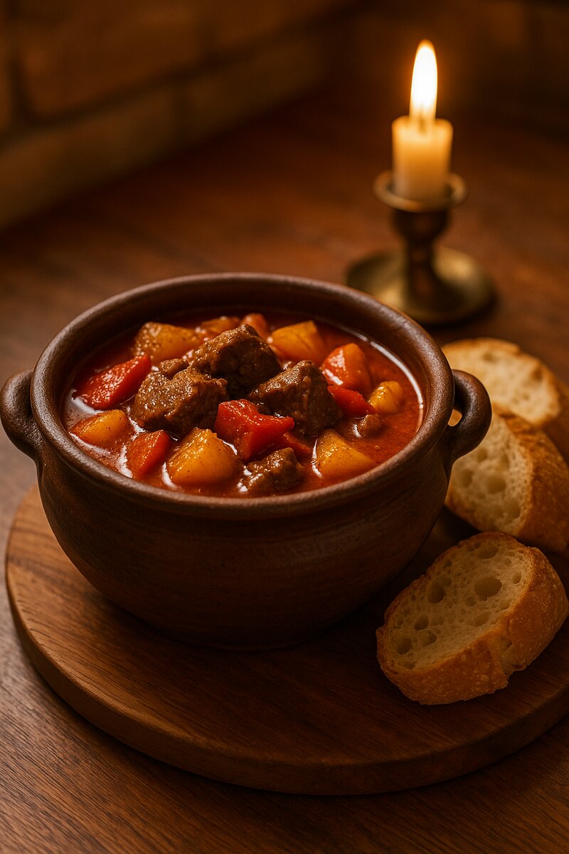 Rich caldereta stew in earthenware pot with beef and vegetables