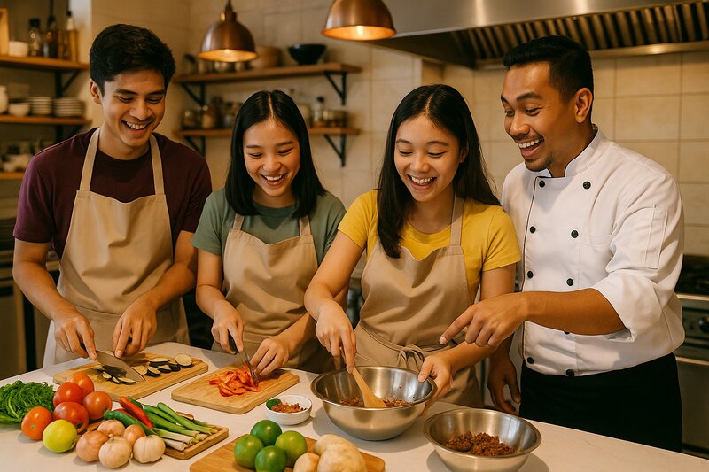 Group of students learning to cook Filipino cuisine in a professional cooking class kitchen in Metro Manila