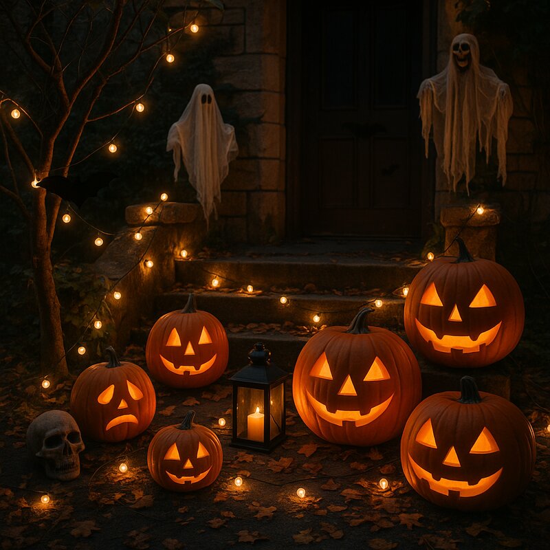 Elaborate outdoor Halloween decorations and setup