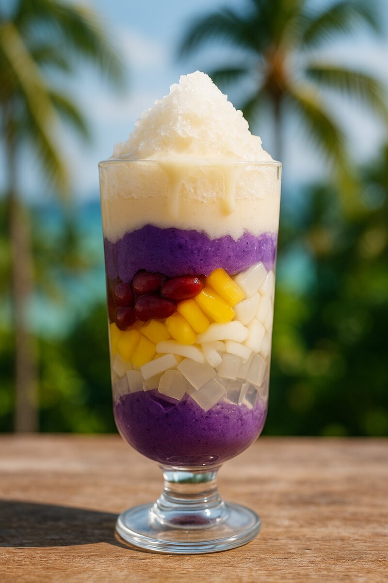 Colorful halo-halo bowl with shaved ice, purple ube, sweet beans, and evaporated milk in vibrant layers