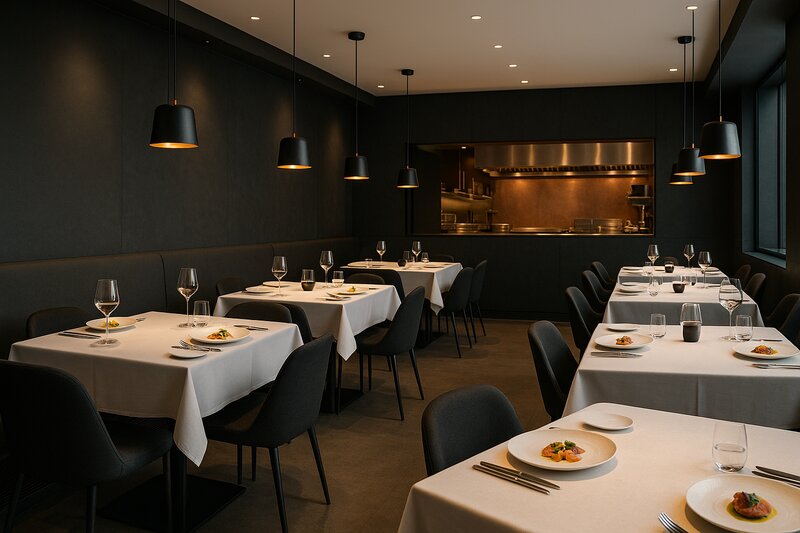 Minimalist interior of Helm restaurant with elegant plating on display