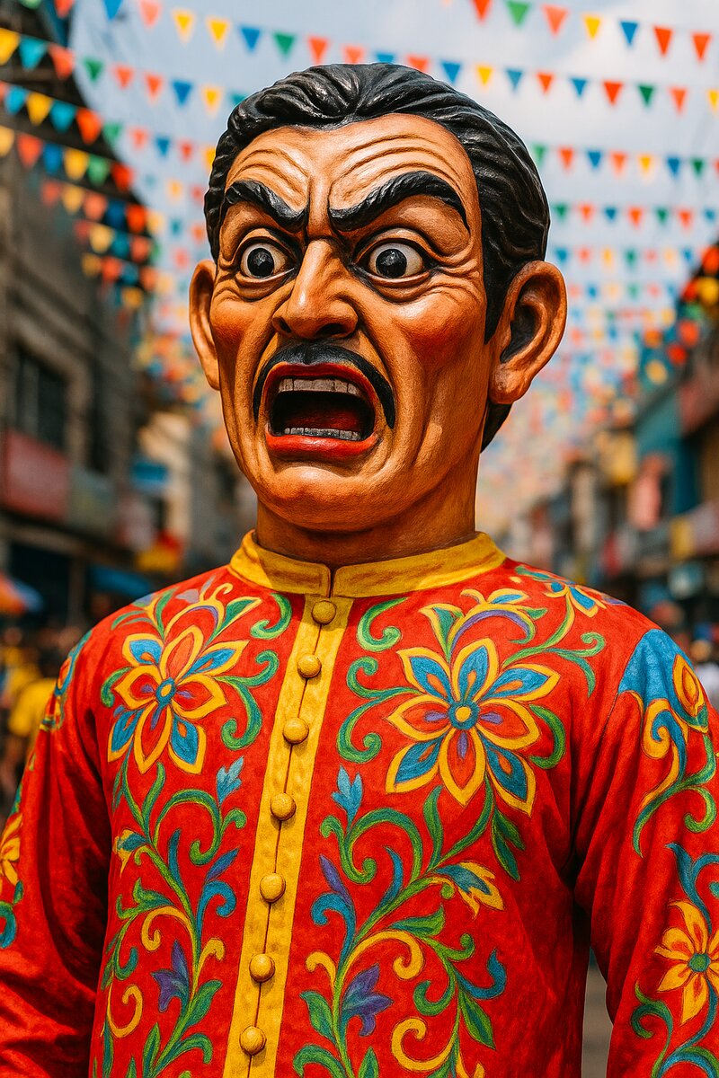 Close-up of intricately painted giant papier-mâché puppet