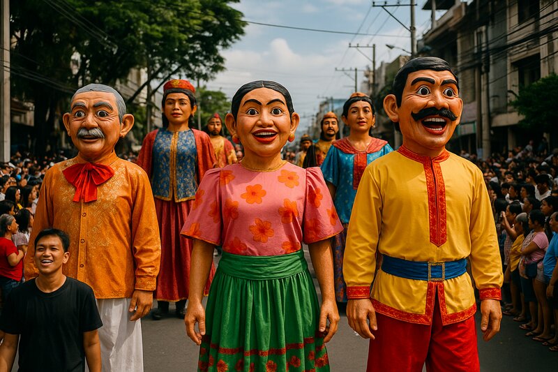 Colorful giant papier-mâché puppets in the Higantes Festival parade