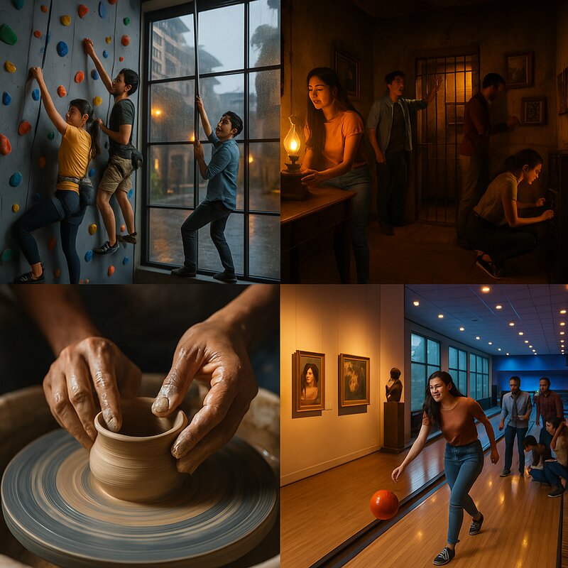 Indoor entertainment scene with museum exhibition, people enjoying activities, and city view through rainy window