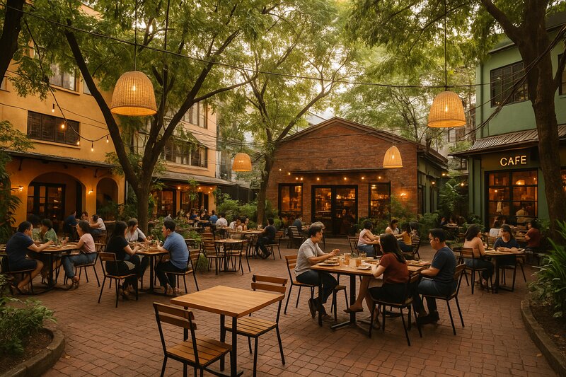 Riverside dining area with outdoor seating
