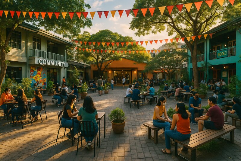 Community gathering spot along the pedestrian street