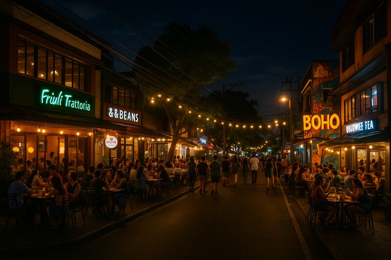 Evening vibes with illuminated restaurant signs
