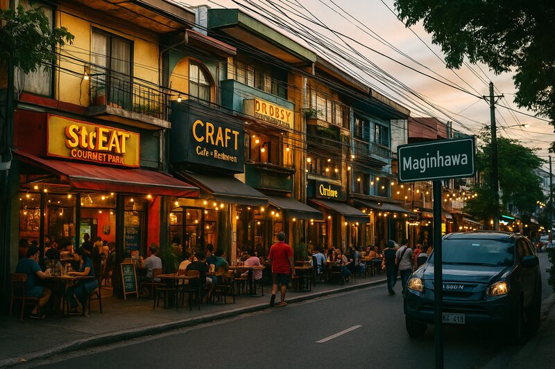Vibrant street scene along Maginhawa with restaurants and pedestrians