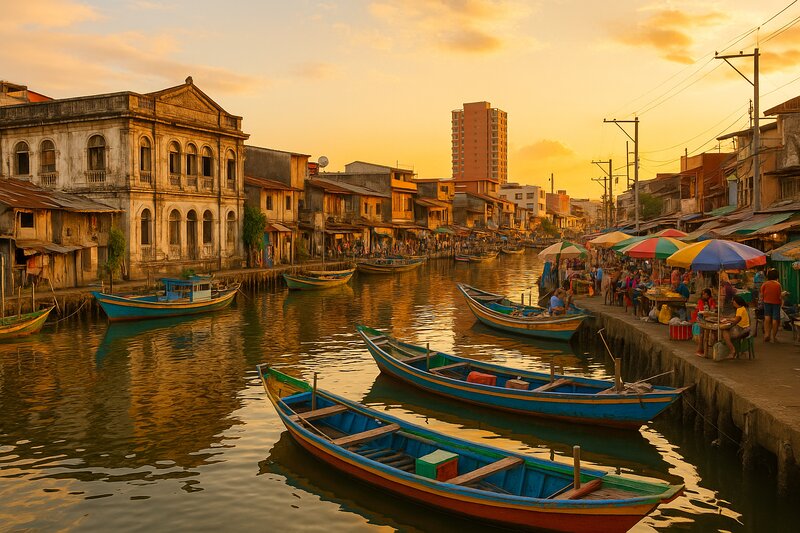 Scenic riverfront view of Malabon with historic architecture, fishing boats, and waterfront vendors at golden hour