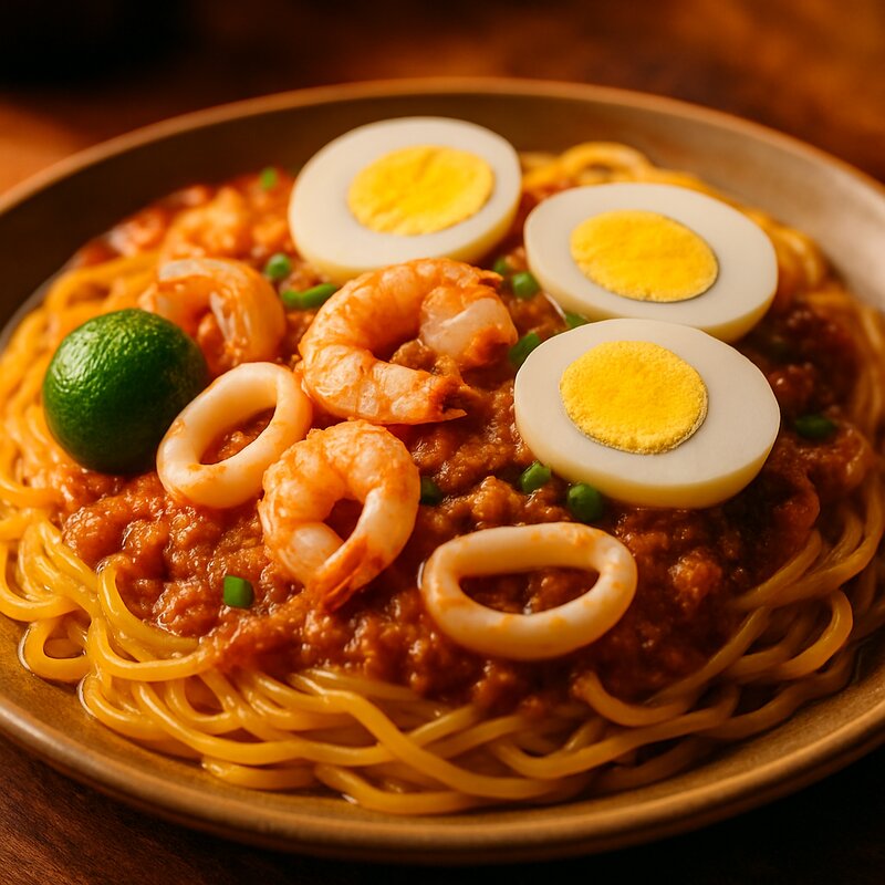 Close-up of authentic Pancit Malabon with layered noodles, seafood toppings, and traditional garnishes