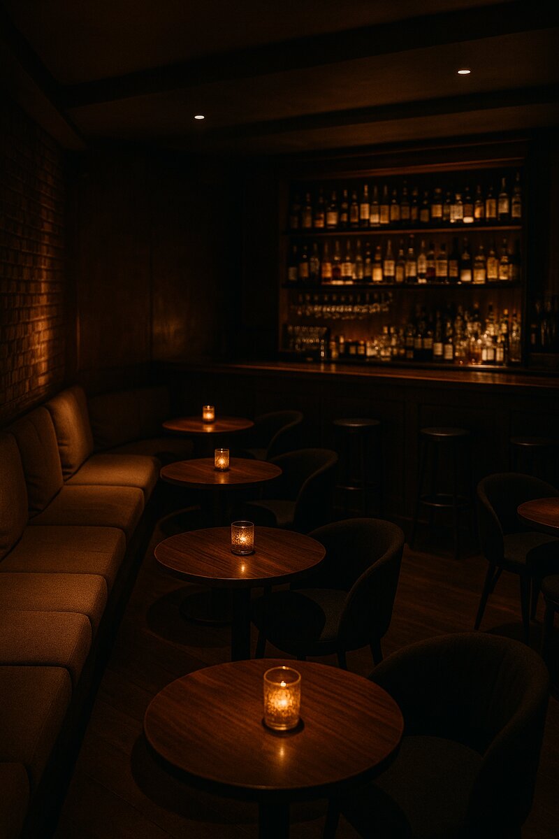 Intimate bar setting with mood lighting and comfortable seating