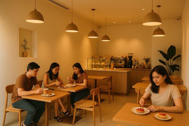 Minimalist dessert cafe interior with white walls and warm ambient lighting