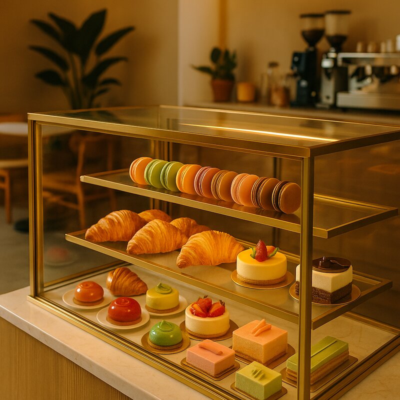Beautiful pastry display case with colorful macarons, croissants, and cakes arranged artfully