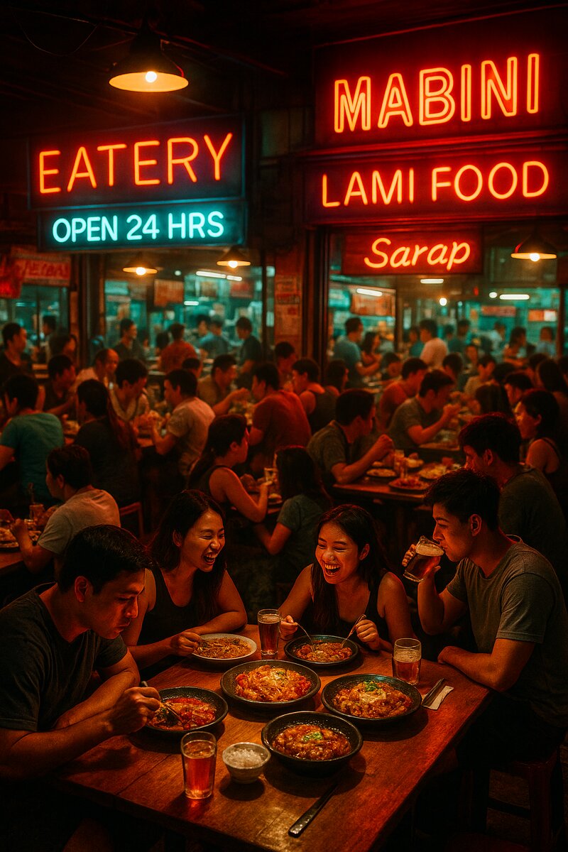 Busy late-night restaurant filled with diners enjoying meals