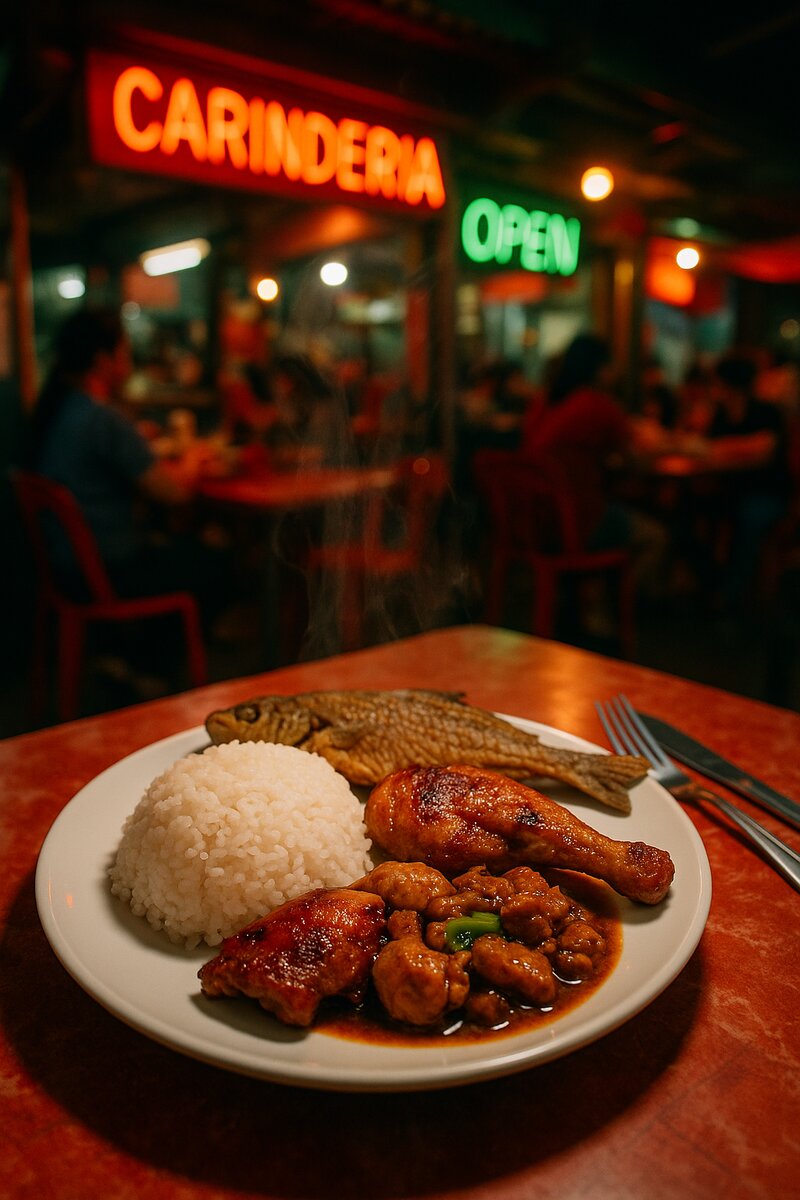 Complete Filipino rice meal with protein, vegetables, and condiments