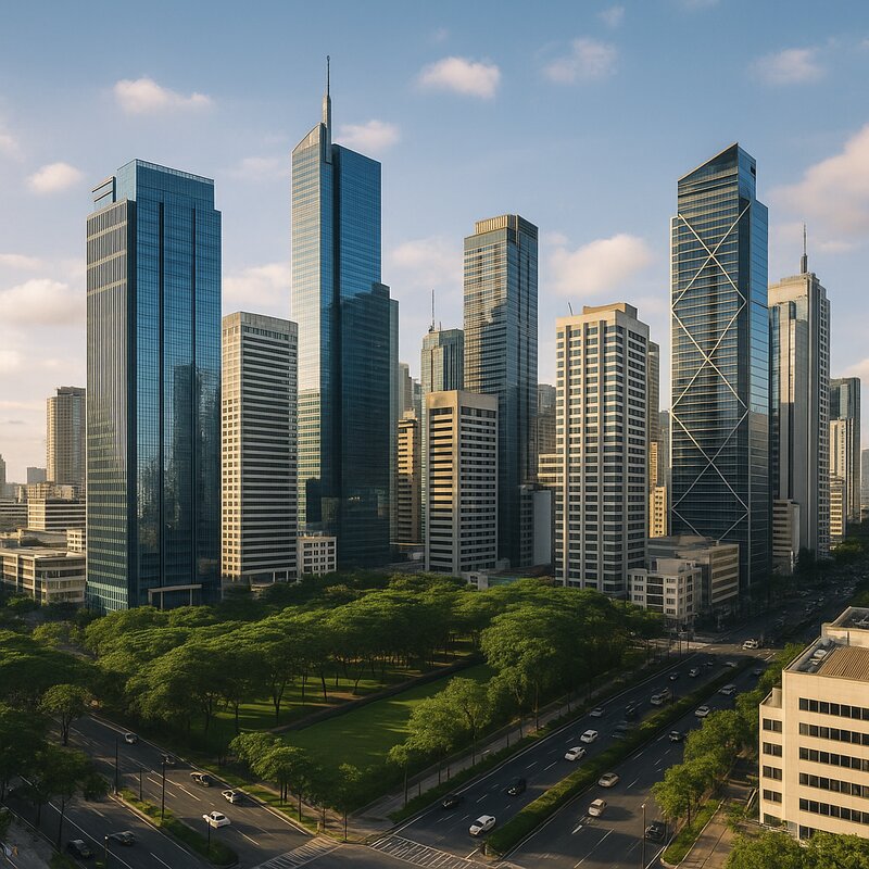 Modern Makati skyline with tall glass office buildings