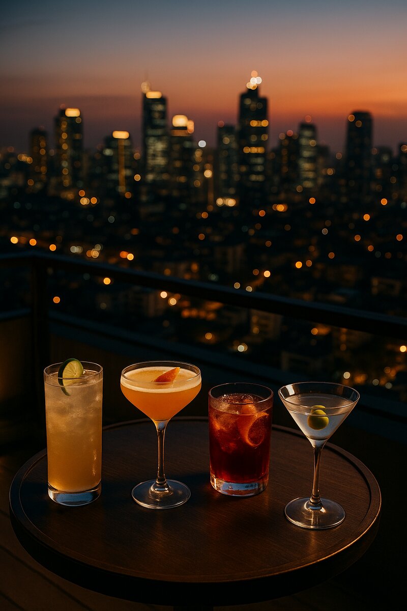 Expertly crafted cocktails on a rooftop bar with Manila city lights in background