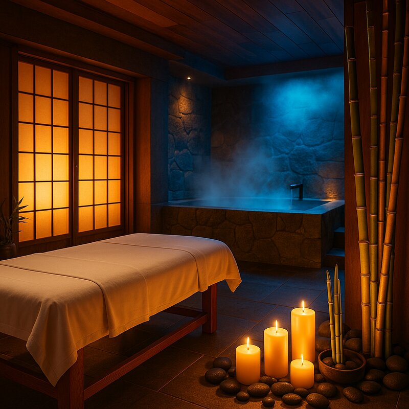 Serene spa interior with soft lighting, massage bed, and tranquil wellness ambiance
