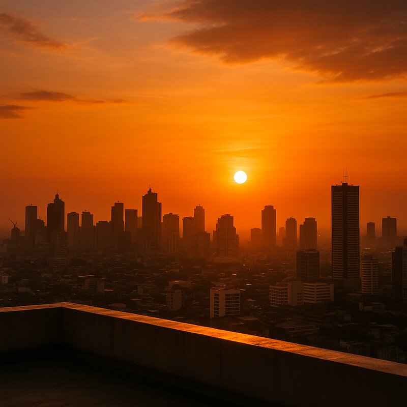 Sunset view from rooftop with skyline buildings silhouetted