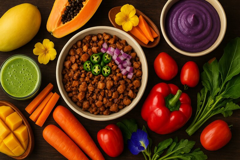 Creative plant-based burger with vegan cheese and colorful vegetables