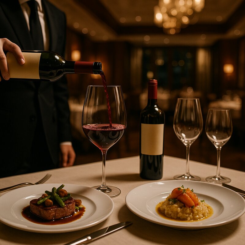 Elegant wine glasses with fine dining dishes and sommelier service