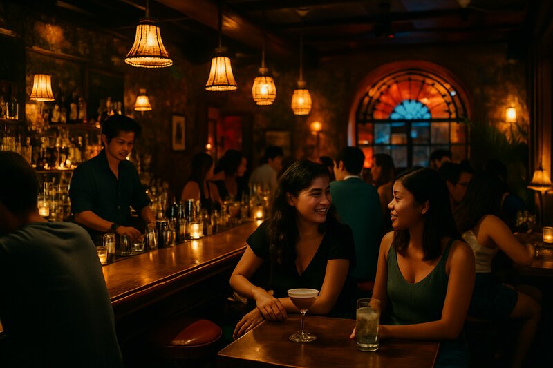 Interior of an upscale Manila pub with eclectic decor and patrons