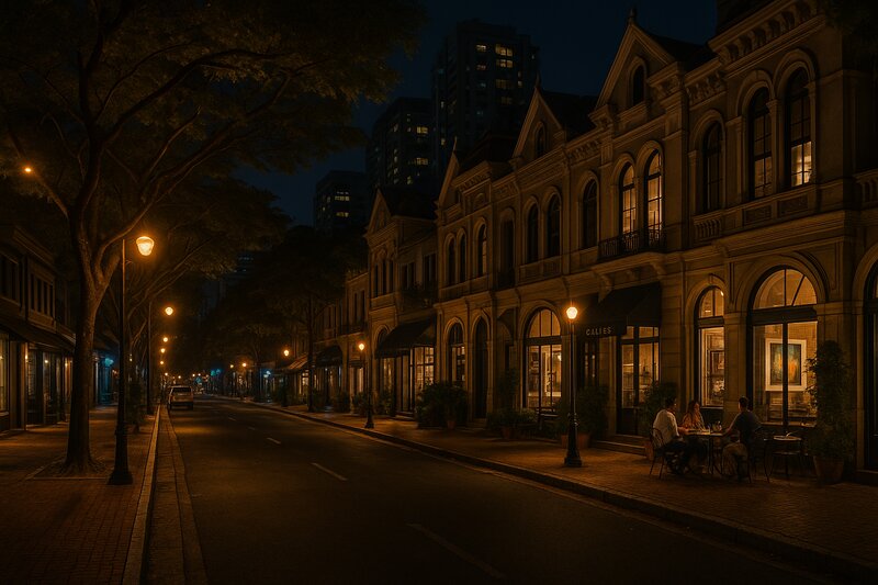 Evening scene with illuminated storefronts and urban nightscape