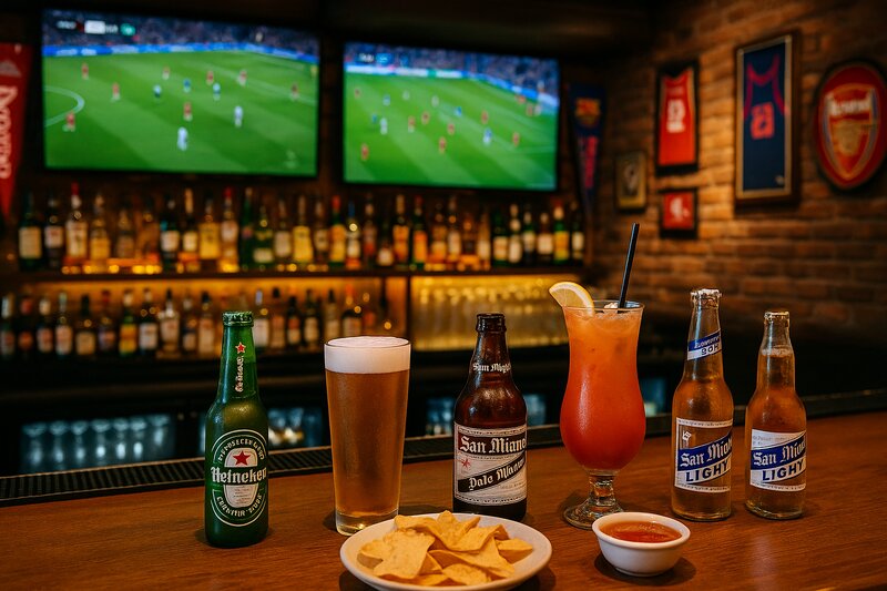 Premium beer selection and cocktails at a Manila sports bar counter
