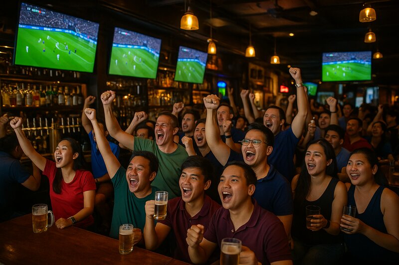 Excited crowd watching international soccer match at a Manila sports bar with multiple large HD screens