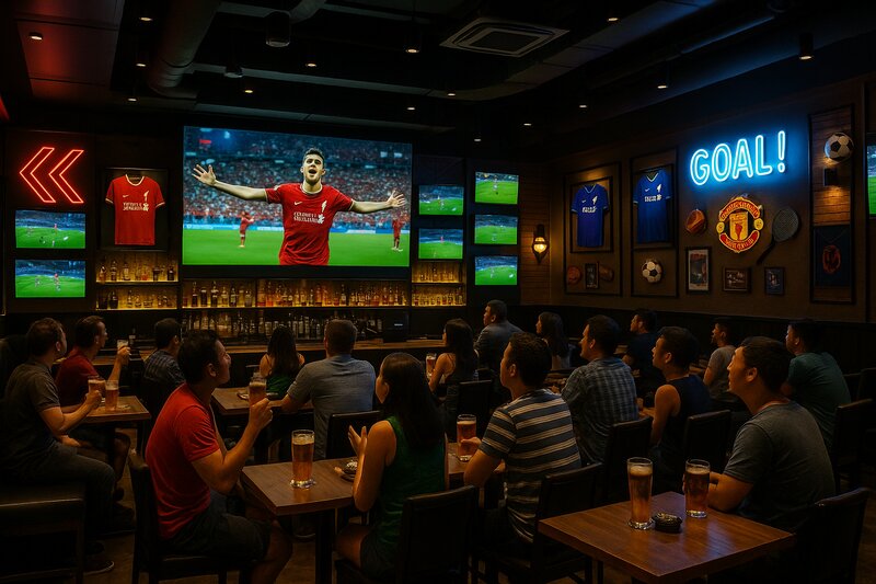 Modern sports bar interior with sleek design and multiple HD television screens