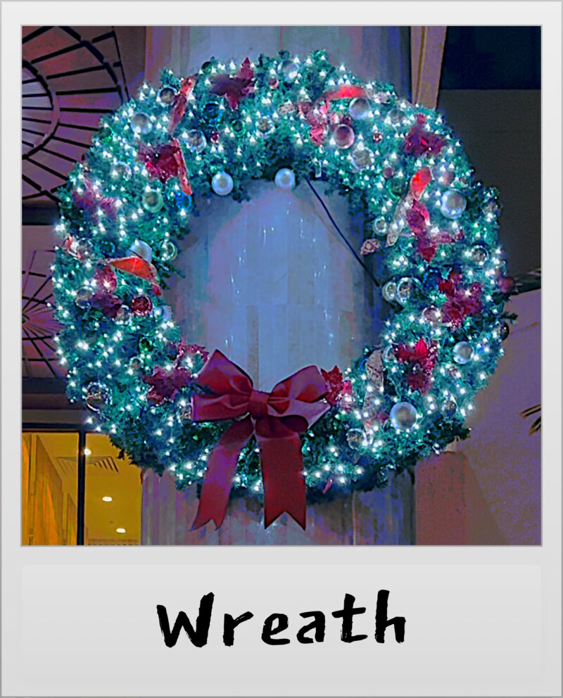 Christmas wreath and festive decorations
